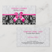 Zwart & wit bloemdamast met roze strik visitekaartje (Voorkant / Achterkant)