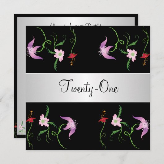 Zwart-wit  Bloemen 21ste Verjaardagsfeest Kaart (Voorkant / Achterkant)
