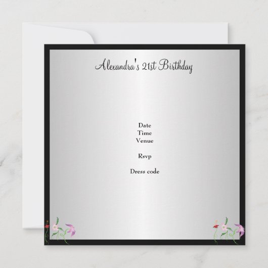 Zwart-wit  Bloemen 21ste Verjaardagsfeest Kaart (Achterkant)