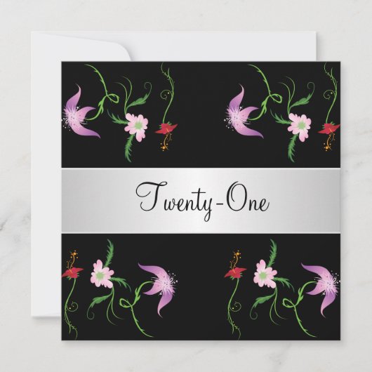 Zwart-wit Bloemen 21ste Verjaardagsfeest Kaart (Voorkant)