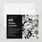 Zwart Wit Bloemen 80e Verjaardag Uitnodiging Briefkaart (Voorkant / Achterkant)