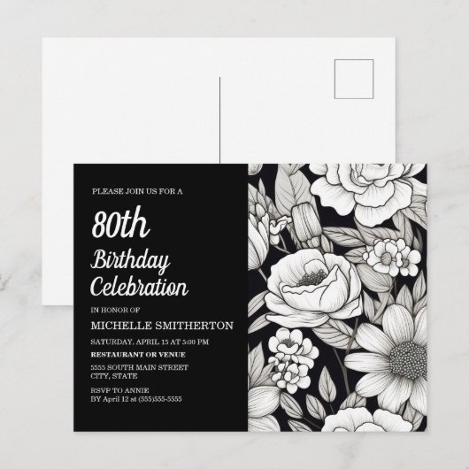 Zwart Wit Bloemen 80e Verjaardag Uitnodiging Briefkaart (Voorkant / Achterkant)