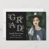 Zwart-wit Bloemen Afstuderen Foto Aankondiging (Voorkant)