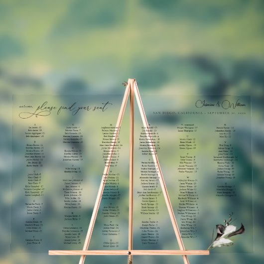 Zwart & Wit Bloemen Alfabetische Zitkaart LG Acryl Bord (Neutraal)