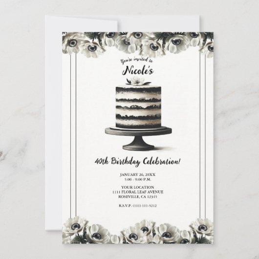 Zwart & Wit Bloemen Anemone Cake Verjaardagsfeest Kaart (Voorkant)