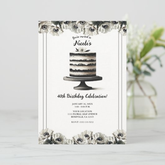 Zwart & Wit Bloemen Anemone Cake Verjaardagsfeest Kaart (Staand voorkant)