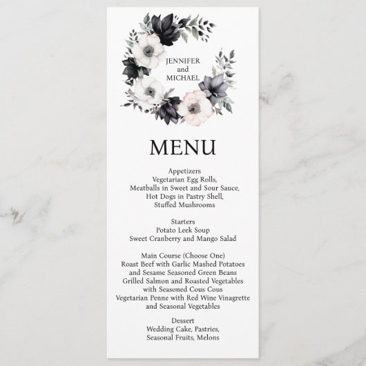 Zwart-wit Bloemen Bloemen Menu Huwelijksmenu (Voorkant)