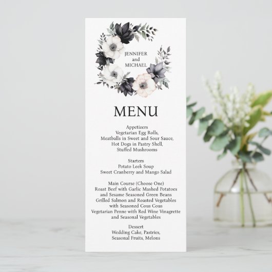 Zwart-wit Bloemen Bloemen Menu Huwelijksmenu (Staand voorkant)
