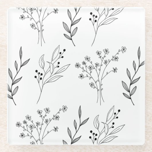 Zwart-wit Bloemen Boho Bruiloft Glazen Onderzetter (Voorkant)
