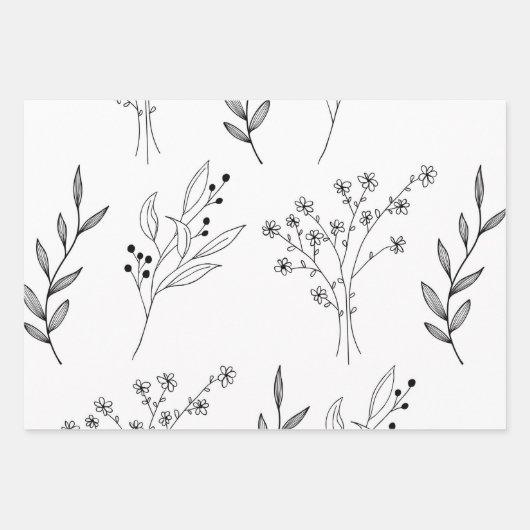 Zwart-wit Bloemen Boho Bruiloft Inpakpapier Vel (Voorkant 3)