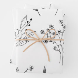 Zwart-wit Bloemen Boho Bruiloft Inpakpapier Vel