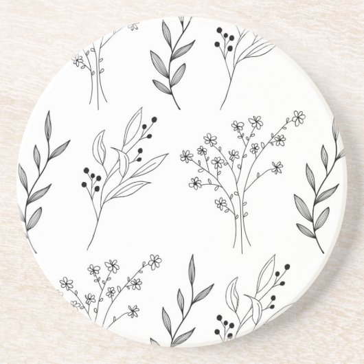 Zwart-wit Bloemen Boho Bruiloft Zandsteen Onderzetter (Voorkant)