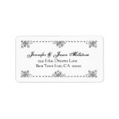 Zwart Wit  Bloemen Border Bruiloft Label (Voorkant)