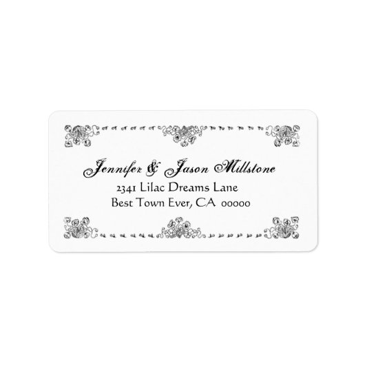 Zwart Wit  Bloemen Border Bruiloft Label (Voorkant)