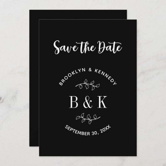 Zwart Wit Bloemen Botanisch Monogram Koppel Naam Save The Date (Voorkant / Achterkant)