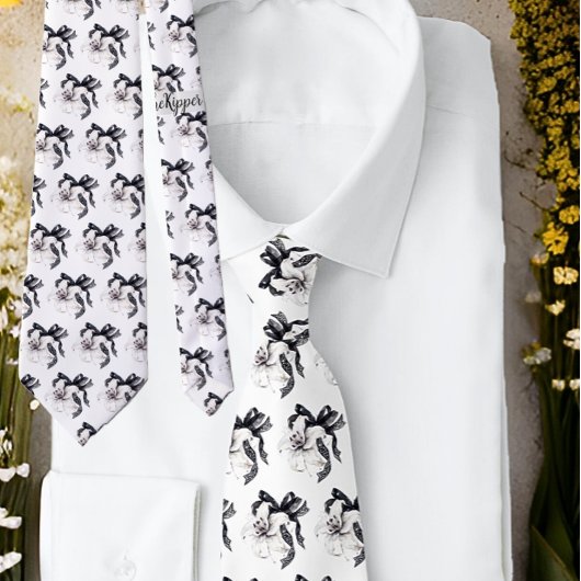 Zwart Wit Bloemen Botanische Lily Kant Lint Stropd Stropdas