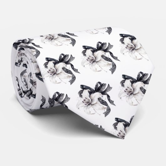 Zwart Wit Bloemen Botanische Lily Kant Lint Stropd Stropdas (Opgerold)