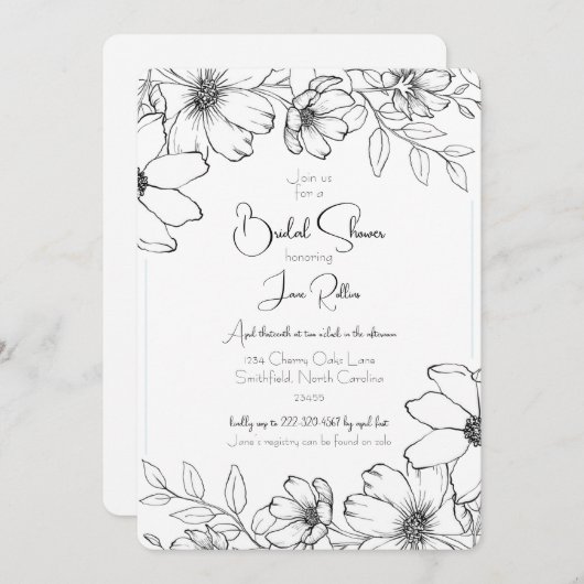 Zwart & Wit Bloemen Bruidsdouche Uitnodiging (Voorkant / Achterkant)