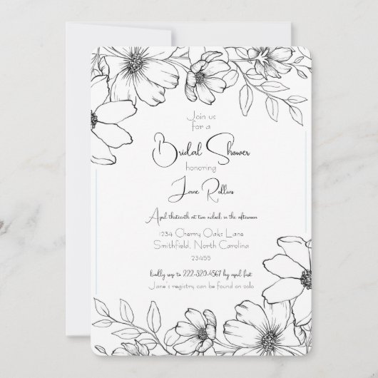 Zwart & Wit Bloemen Bruidsdouche Uitnodiging (Voorkant)