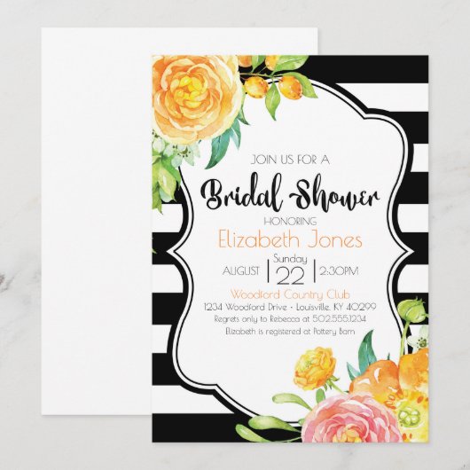 Zwart & Wit Bloemen Bruidsdouche Uitnodiging (Voorkant / Achterkant)