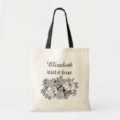 Zwart Wit Bloemen Bruidsmeisje met Naam Tote Bag (Voorkant)