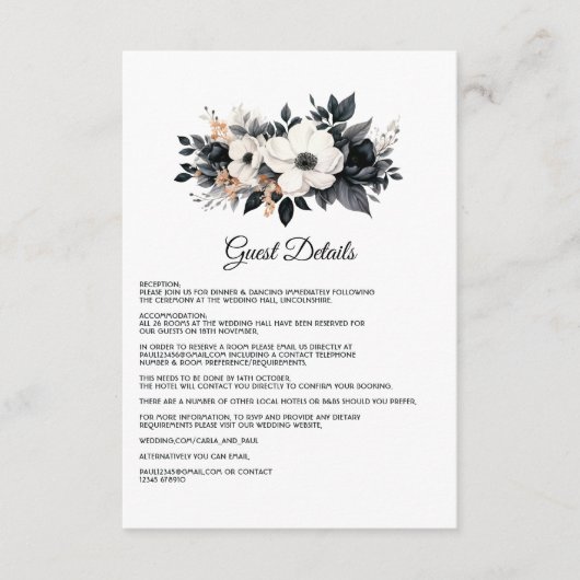 Zwart-wit Bloemen bruiloft Gast Details Informatiekaartje (Voorkant)