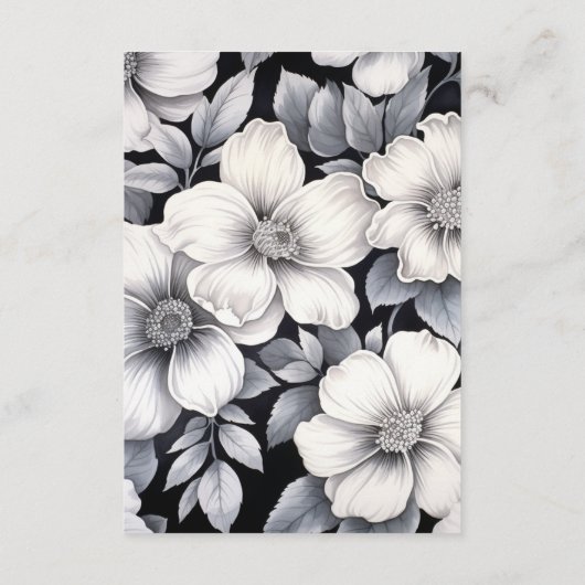 Zwart-wit Bloemen bruiloft Gast Details Informatiekaartje (Achterkant)