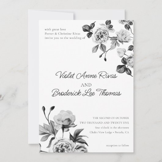 Zwart-wit Bloemen  bruiloft Kaart (Voorkant)