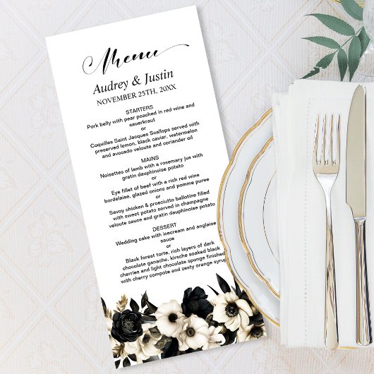 Zwart-wit Bloemen Bruiloft Menu