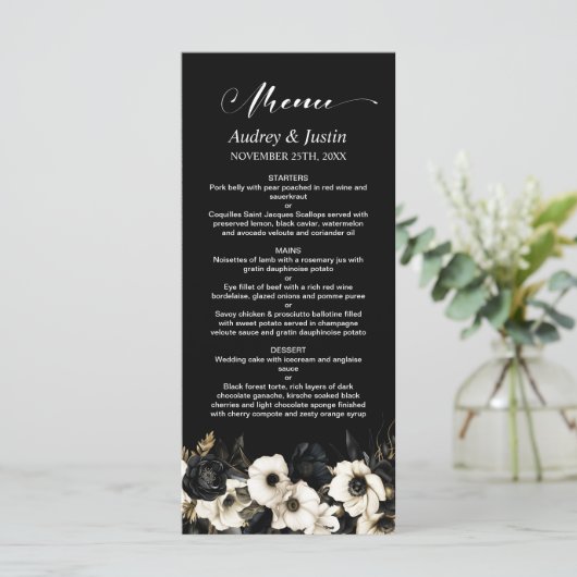 Zwart-wit Bloemen Bruiloft Menu (Staand voorkant)
