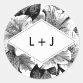 Zwart-wit  Bloemen Bruiloft Monogram Ronde Sticker (Voorkant)