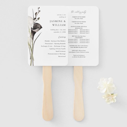 Zwart & Wit Bloemen bruiloft programma Handwaaier (Voorkant en achterkant)