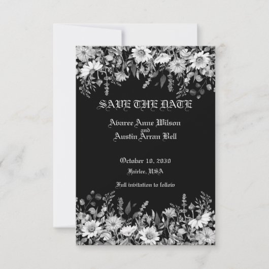 Zwart-wit bloemen bruiloft save the date (Voorkant)