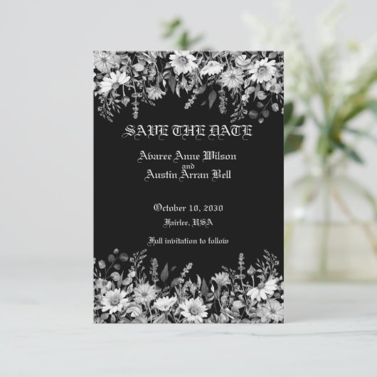 Zwart-wit bloemen bruiloft save the date (Staand voorkant)
