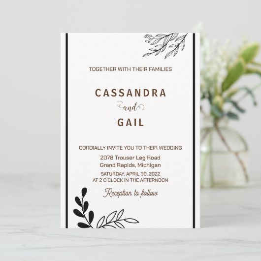 Zwart-wit bloemen bruiloft uitnodiging (Staand voorkant)