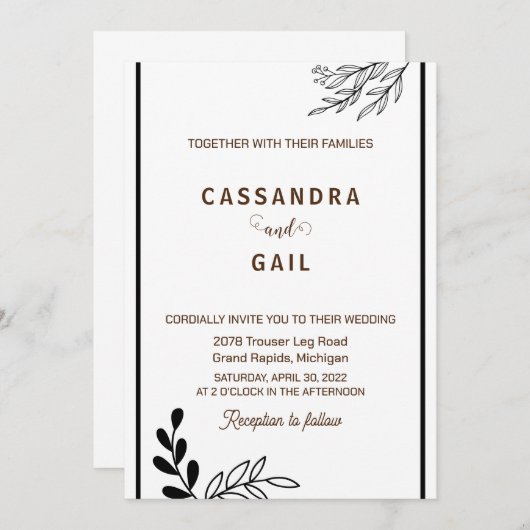 Zwart-wit bloemen bruiloft uitnodiging (Voorkant / Achterkant)
