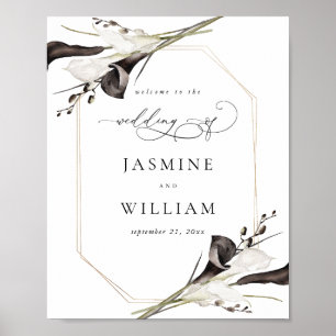 Zwart & Wit Bloemen Bruiloft Welkomstbord 2 Poster