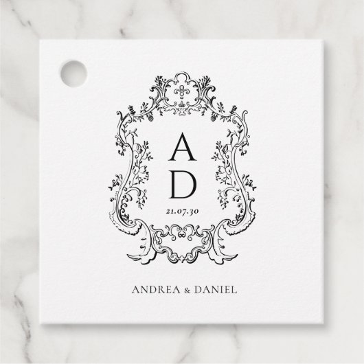 Zwart-wit bloemen bruiloftsmonogram  bedankjes labels (Voorkant)