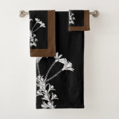 Zwart Wit Bloemen Bruin Trim Handdoek Set (Insitu)