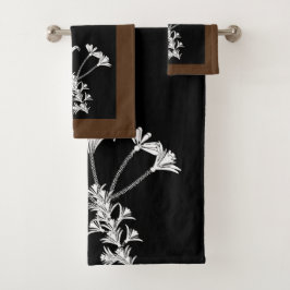 Zwart Wit Bloemen Bruin Trim Handdoek Set