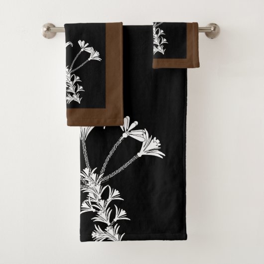Zwart Wit Bloemen Bruin Trim Handdoek Set (Insitu)