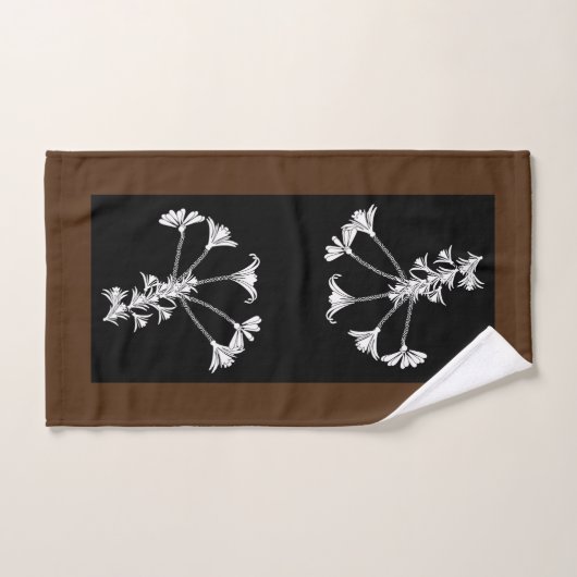 Zwart Wit Bloemen Bruin Trim Handdoek Set (Handdoek)