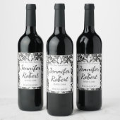 Zwart-wit Bloemen Damask Bruiloft Wijn Label Etiket (Flessen)