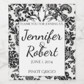 Zwart-wit Bloemen Damask Bruiloft Wijn Label Etiket (Enkel label)