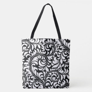 Zwart-wit Bloemen Damask Print Tas