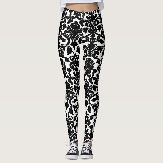 Zwart-wit Bloemen  Damaskpatroon Leggings (Voorkant)