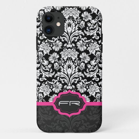 Zwart & Wit Bloemen Damasks 2 Monogramed Case-Mate iPhone Case (Achterkant)