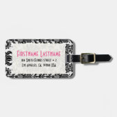 Zwart & Wit Bloemen Damasks Gepersonaliseerd Bagagelabel (Voorkant horizontaal)