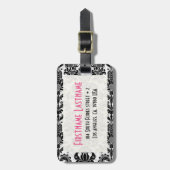 Zwart & Wit Bloemen Damasks Gepersonaliseerd Bagagelabel (Voorkant verticaal)