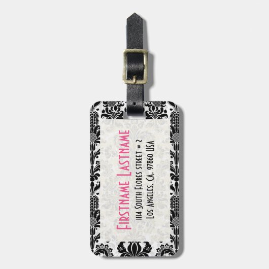 Zwart & Wit Bloemen Damasks Gepersonaliseerd Bagagelabel (Voorkant verticaal)
